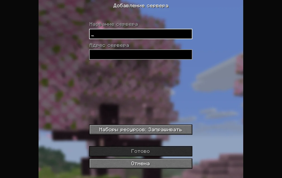 Экран добавления Minecraft-сервера